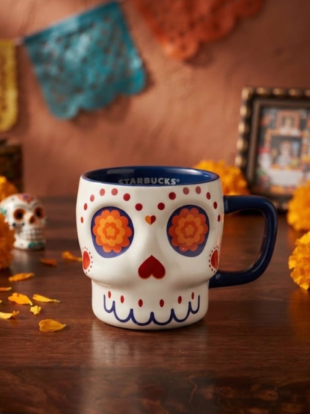 Starbucks Día De Los Muertos Skull Mug 14oz Ceramic White Blue Red Orange Floral